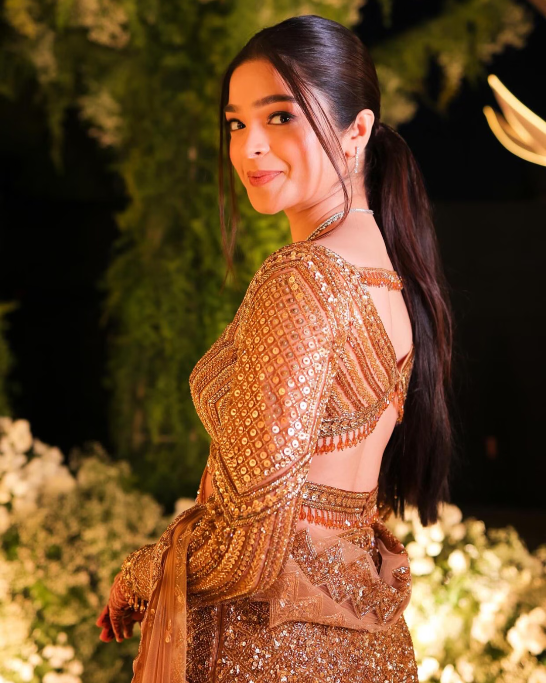 Isa by Dolly Wahal - Antique Gold Net Cutdana & Crystal Embroidered Fishcut Lehenga Set