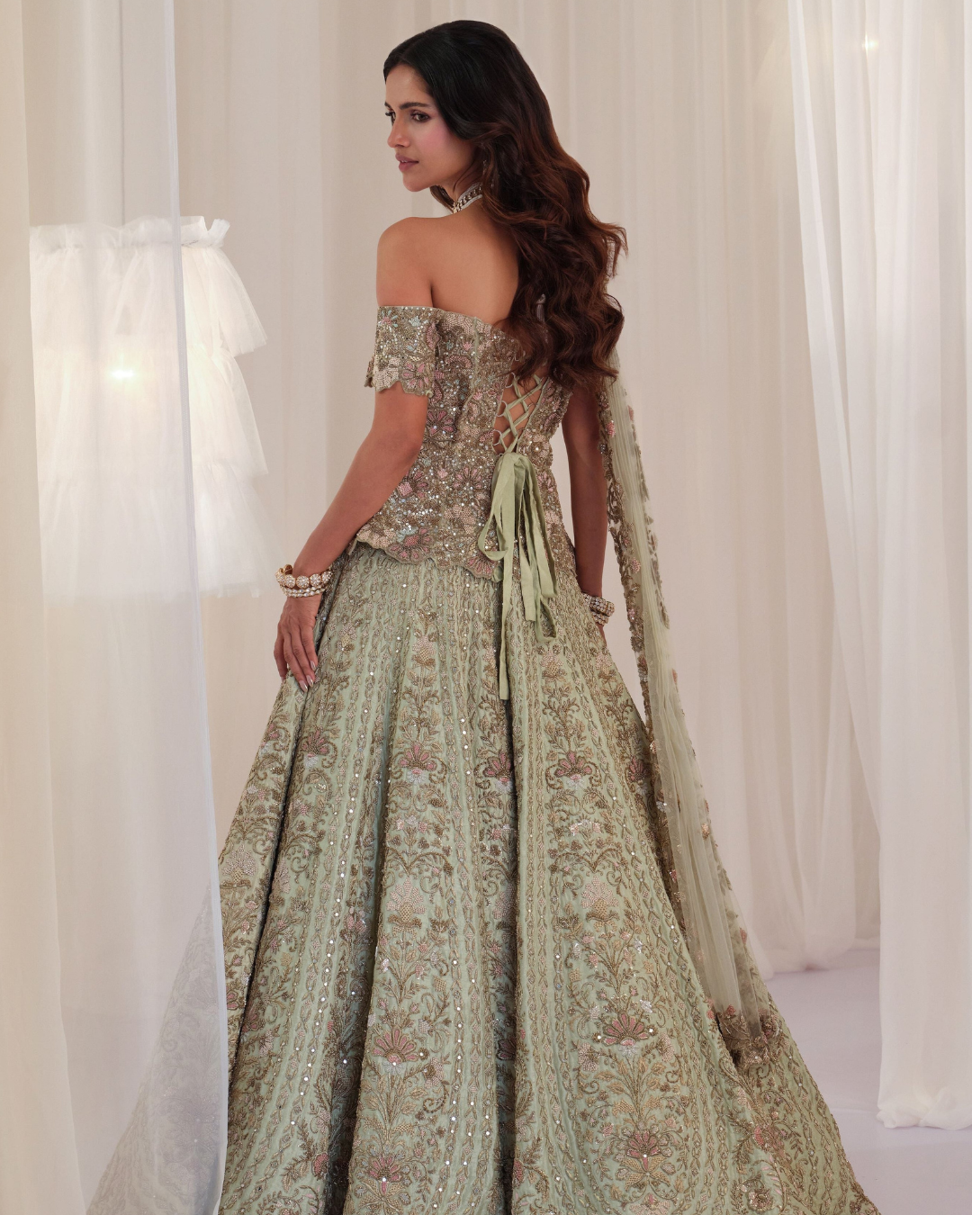 K&A By Karishma And Ashita - Sage Green Hand Embellished Peplum Corset with Lehenga & Dupatta From First Love
