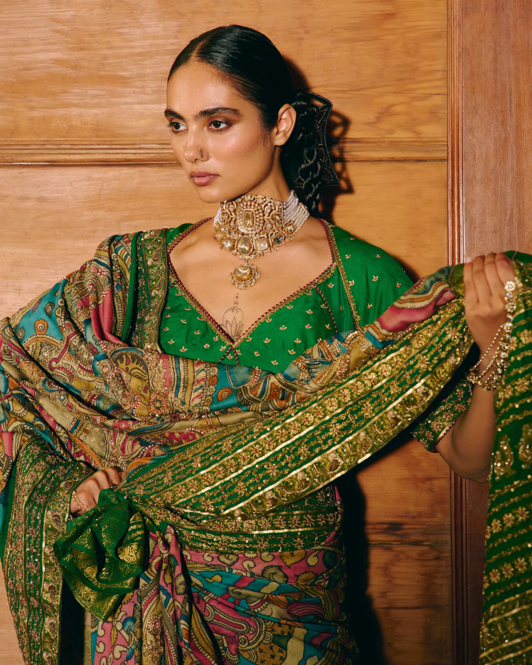 Aditi Gupta - Ramleela Onion Pink Saree with Green Blouse From Chitrakatha