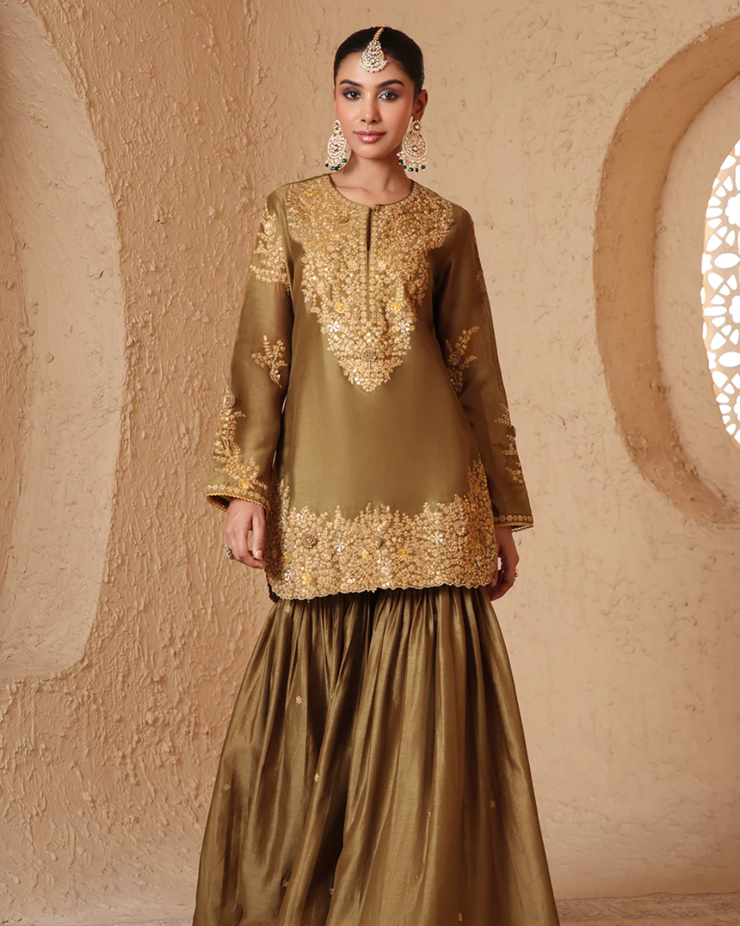 Niti Bothra - Mehrang Olive Green Heavy Sharara Set