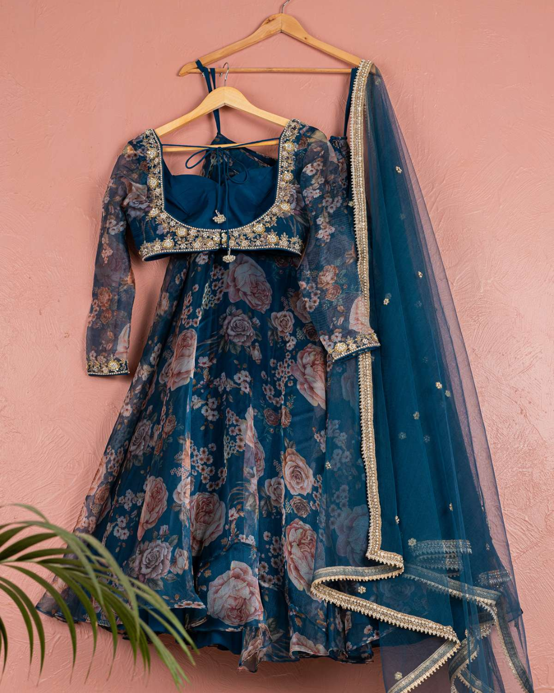 Anisha Shetty - Bahama Blue Floral Organza Lehenga With Organza Blouse Set