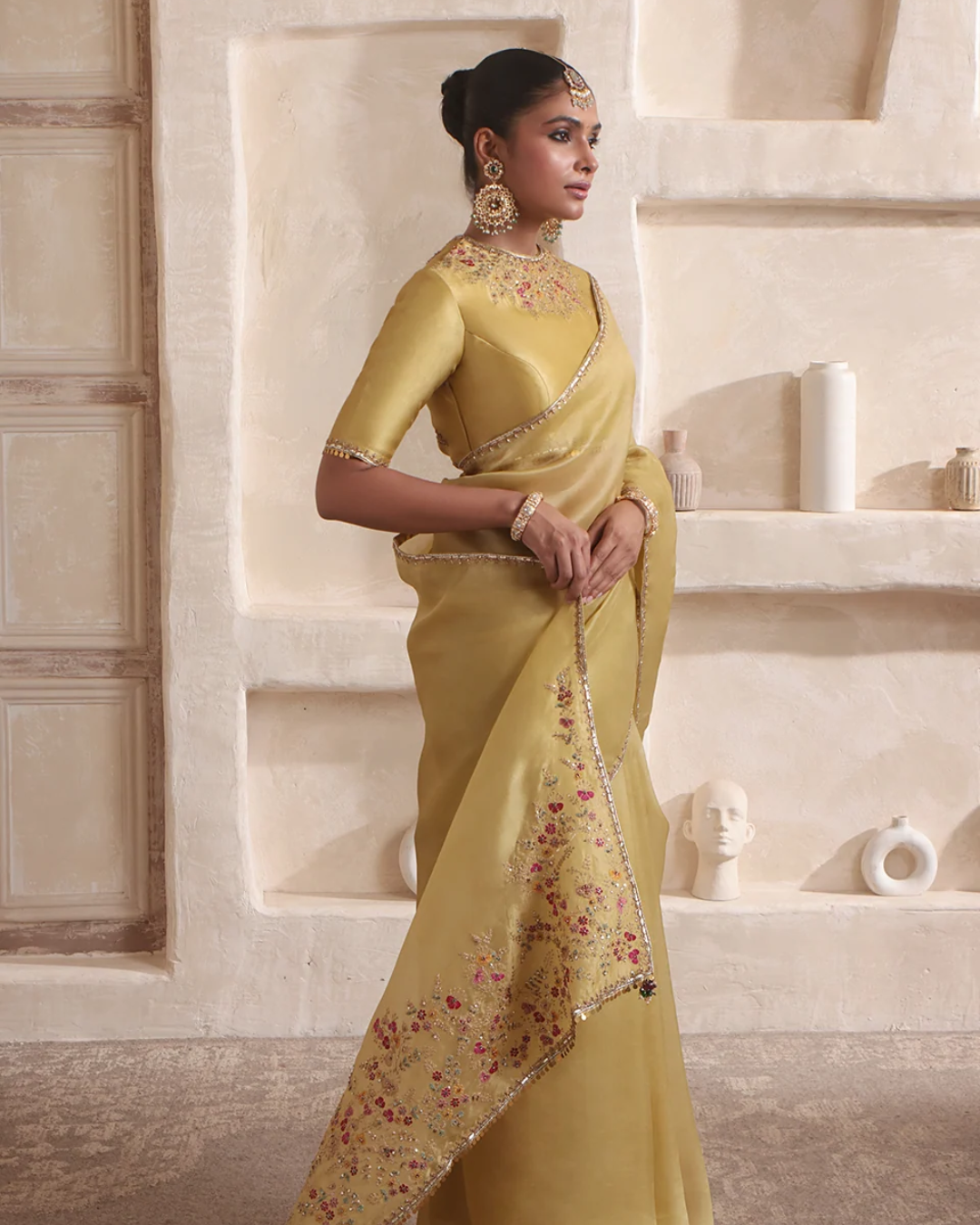 Niti Bothra - Zar-Rang Olive Green Multicolor Resham Saree Set