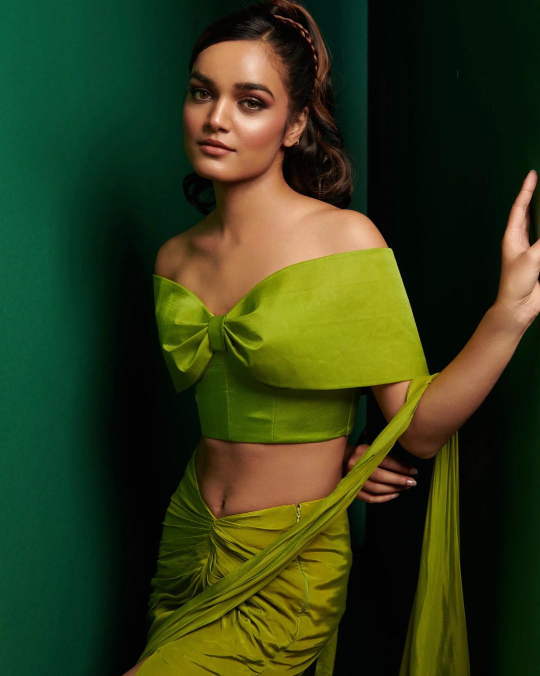 K&A by Karishma and Ashita - Lime green bow style blouse with slit skirt drape saree From Barre Oblique