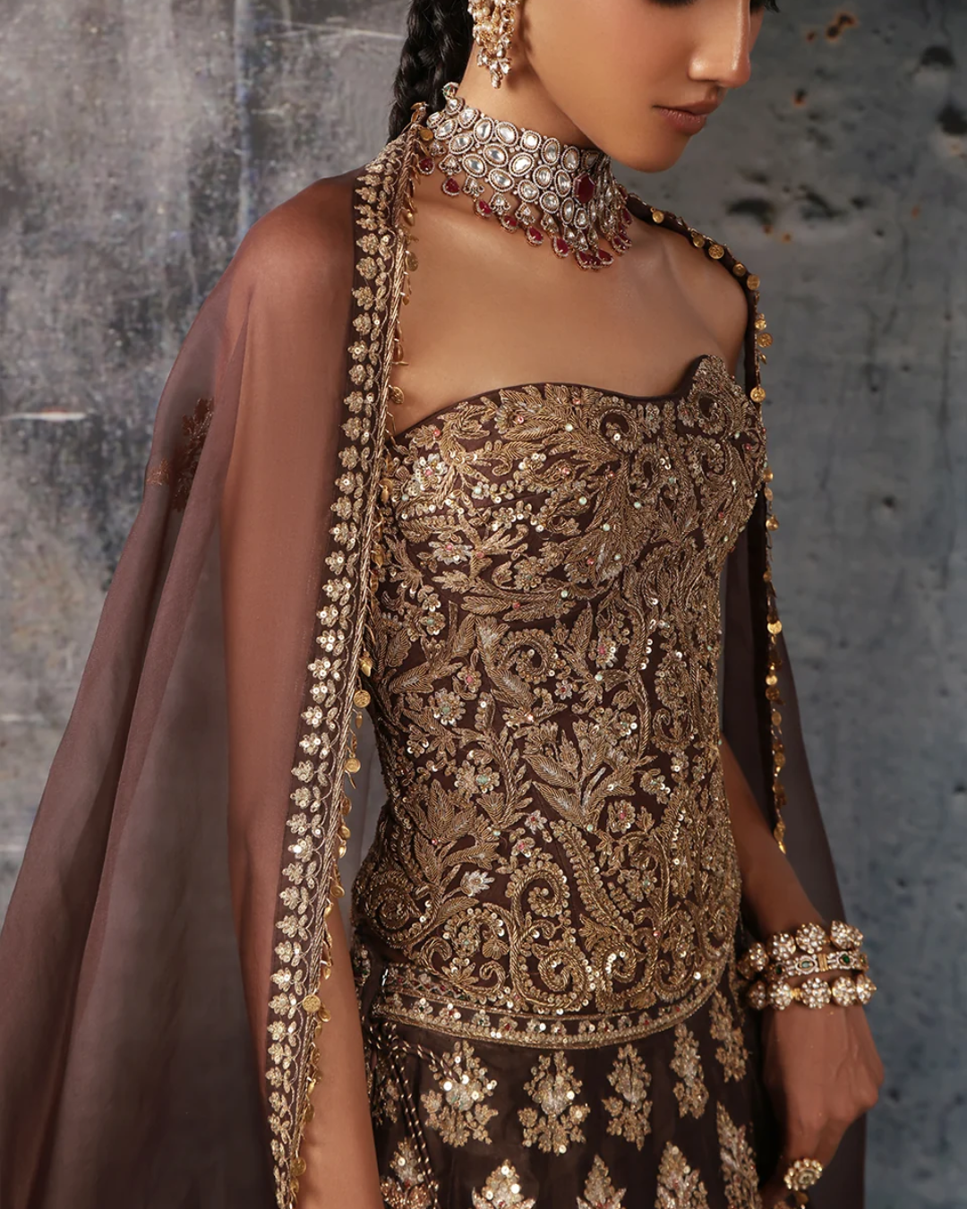 Niti Bothra - Zar-Rang Brown Corset Lehenga Set