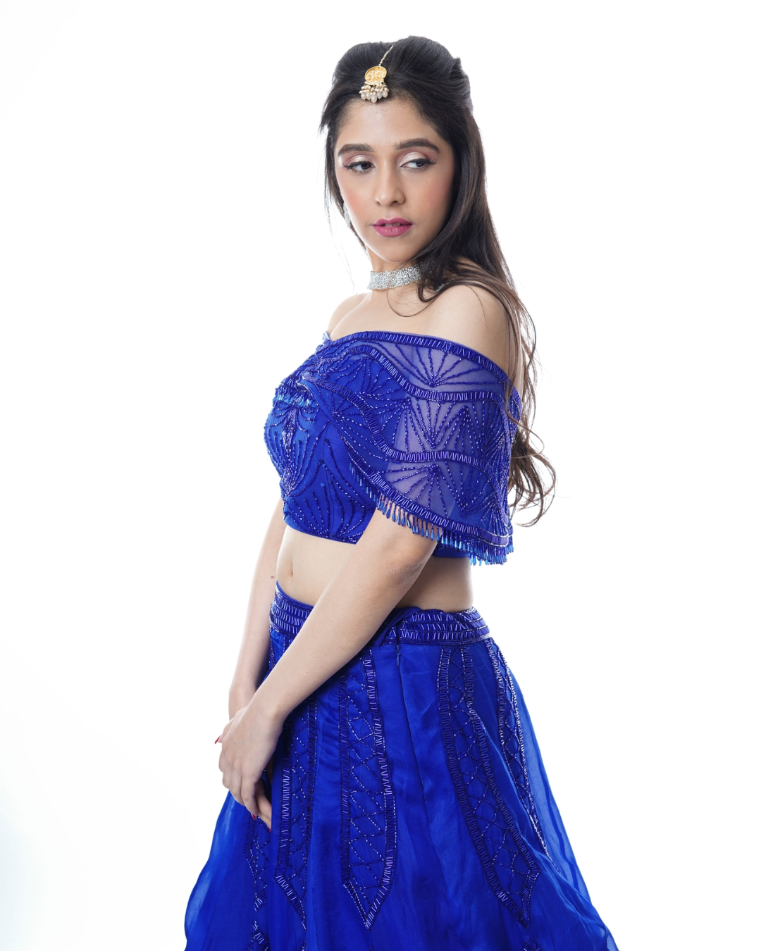 Isa by Dolly Wahal - Royal Blue Off Shoulder Lehenga From Athena