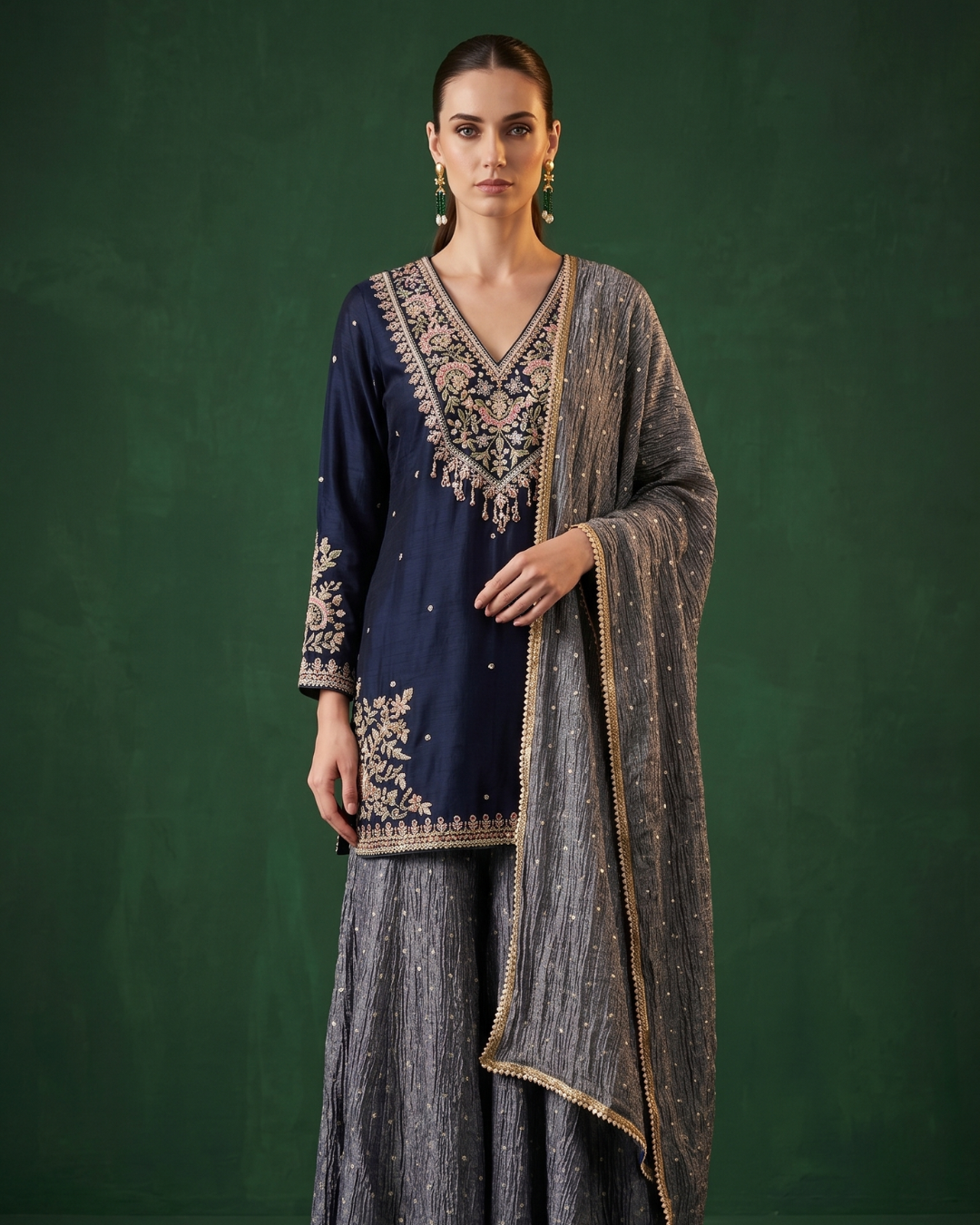 Basanti Kapde Aur Koffee - Imperial Indigo Embroidered Sharara Set From Suits & Shararas