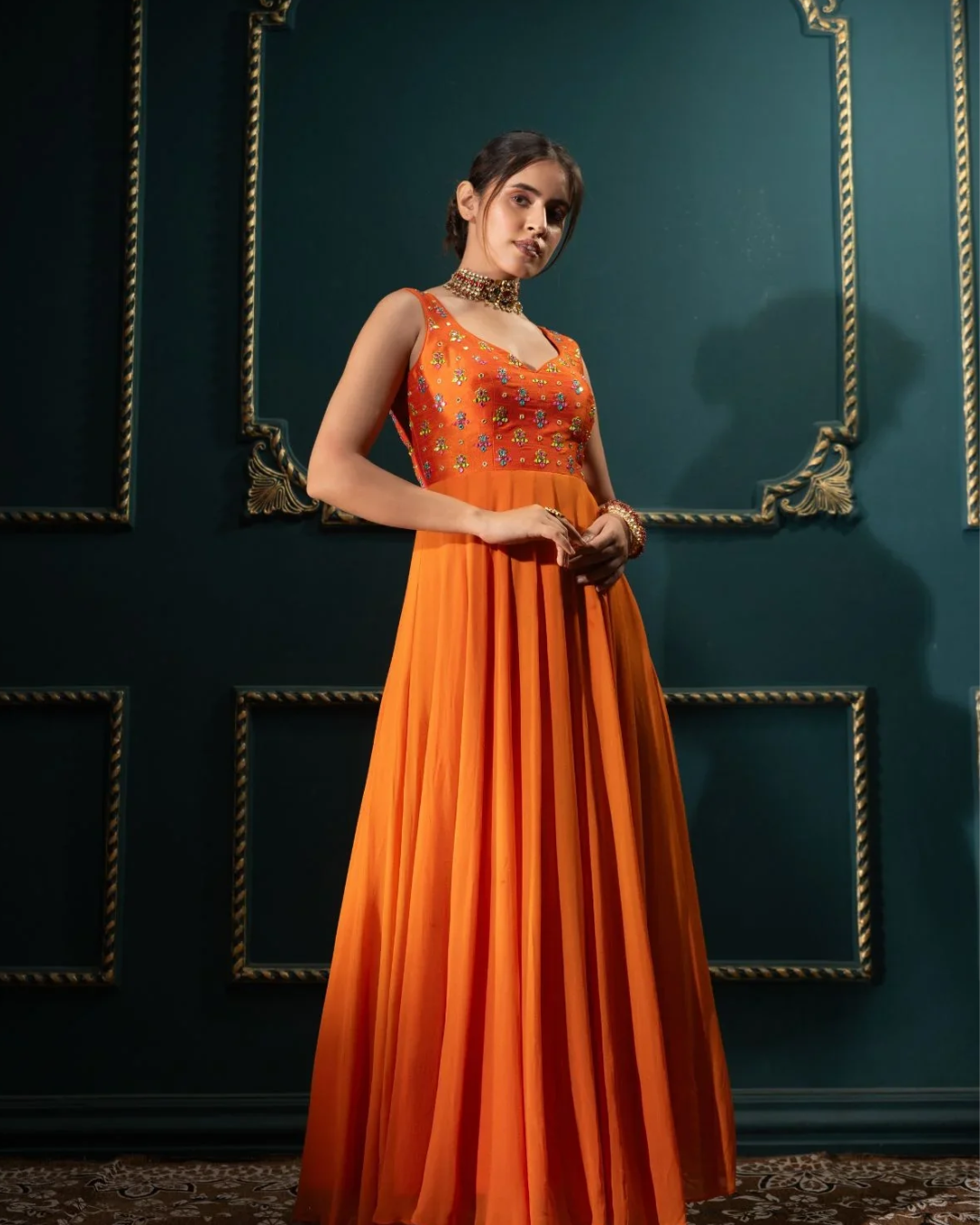 Anisha Shetty - Orange Anarkali With Multicolor Work From Rangin