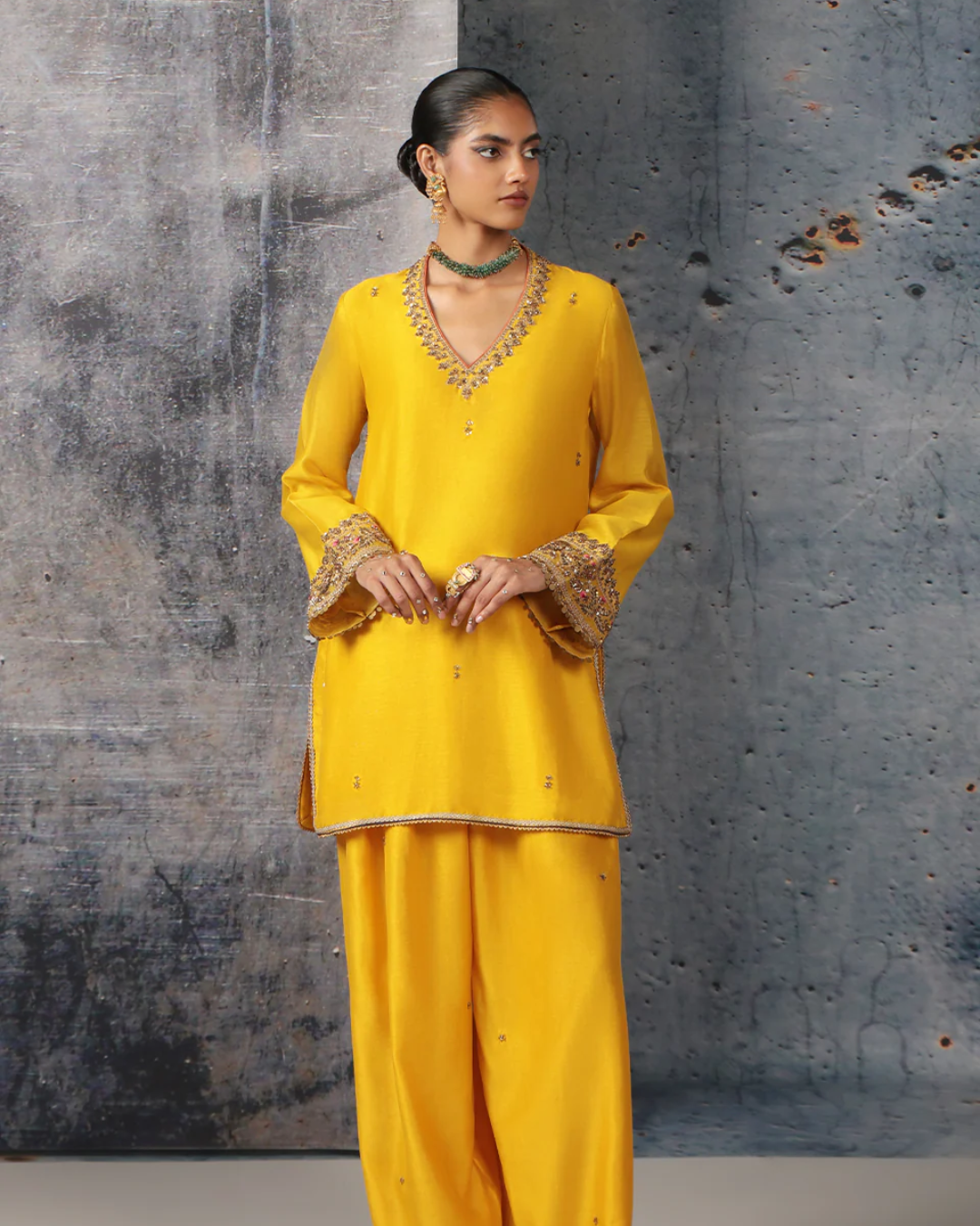 Niti Bothra - Mehrang Yellow V Neck Short Kurta Set
