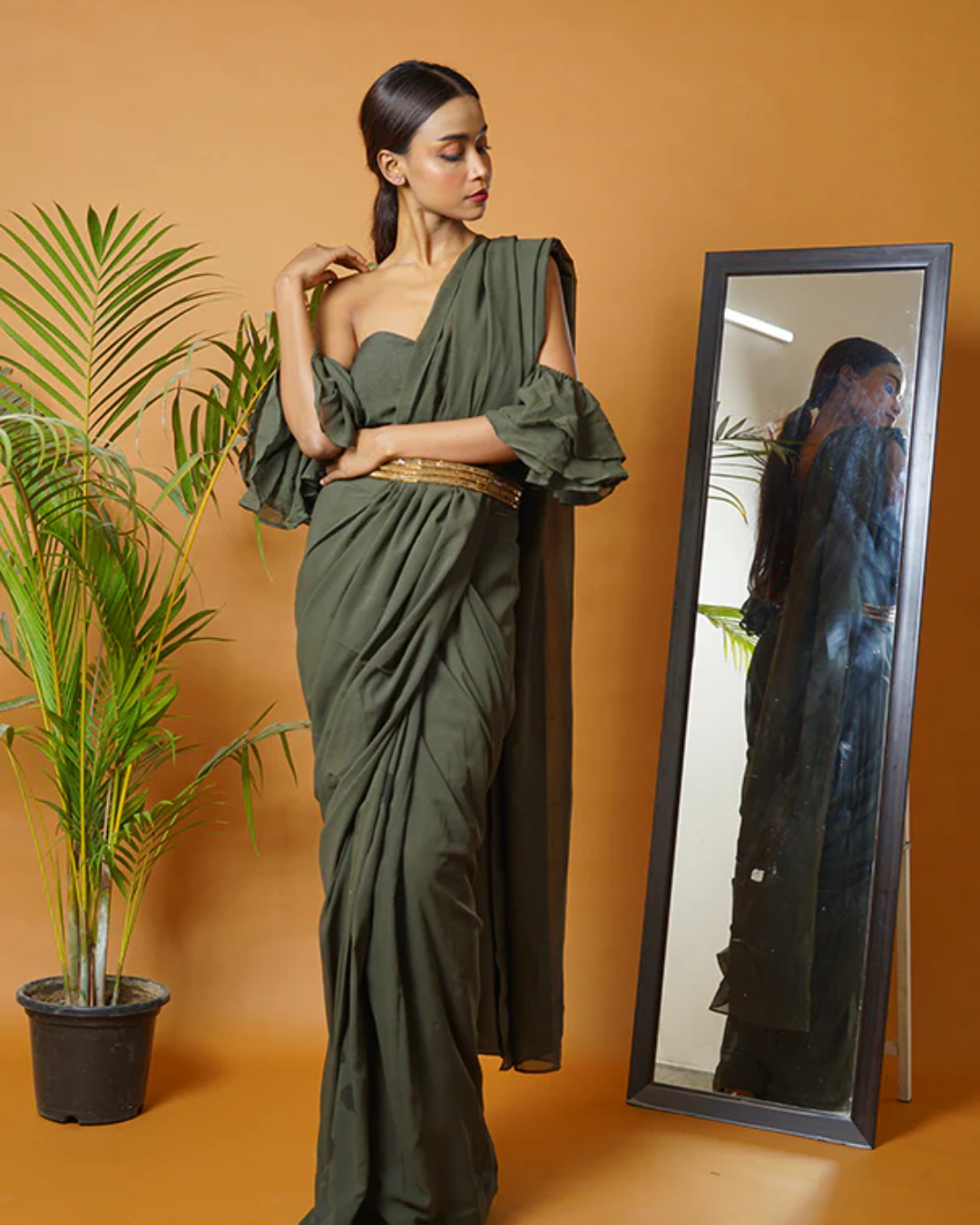 Sonali Bansal - Olive green saree set with waistbelt From Fiza