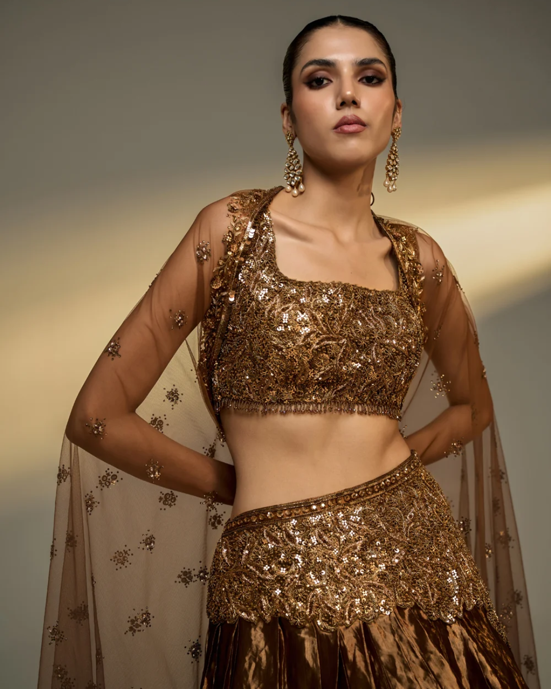 Prevasu - Copper Gold Embroidered Lehenga Set From The Mocha Edit