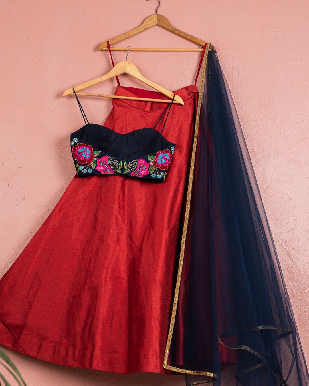 Anisha Shetty - Maroon Lehenga With Colorful Embroidered Blouse & Dupatta