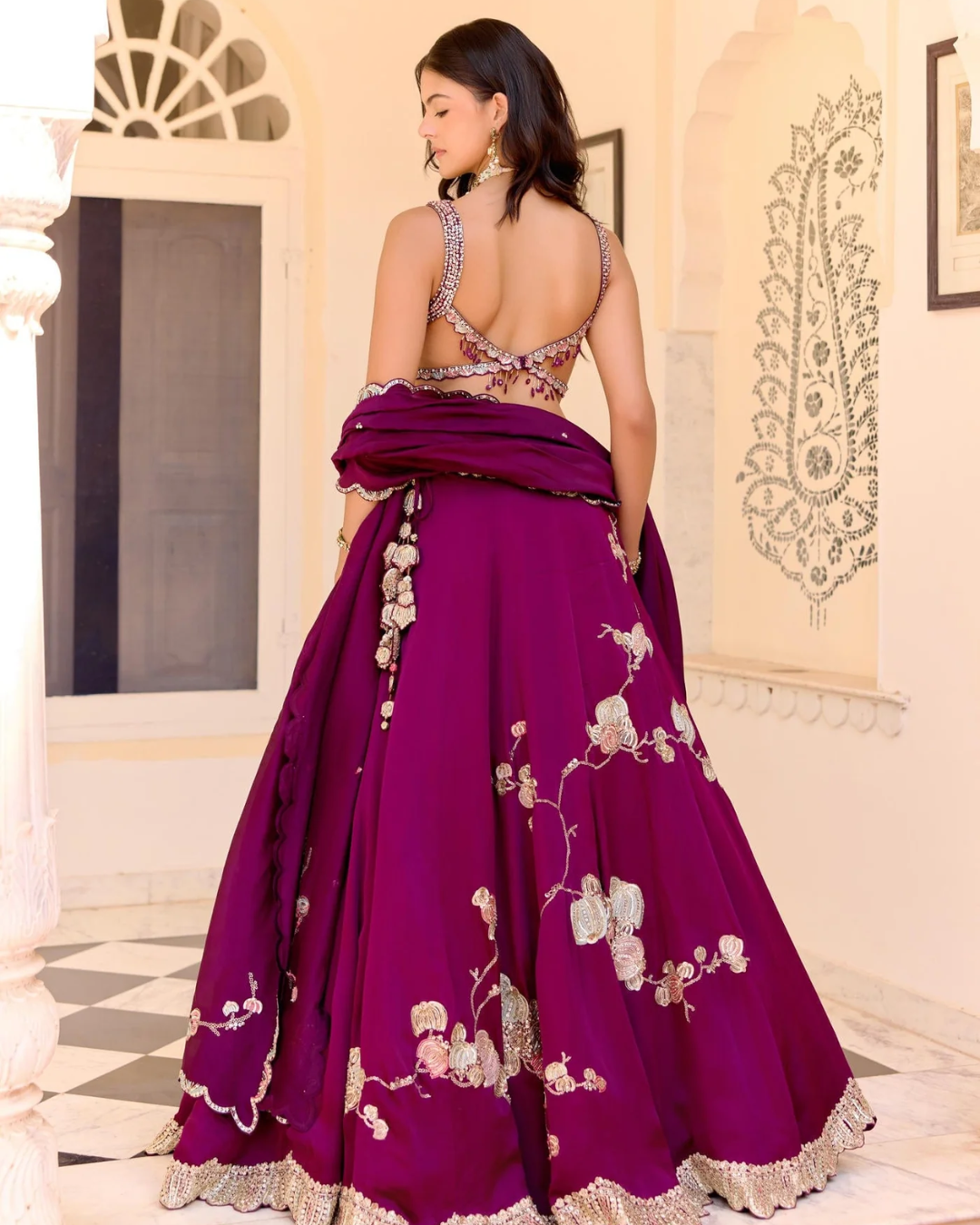 Osaa By Adarsh - Dark Plum Jaal Placement Lehenga Set From SAFAR