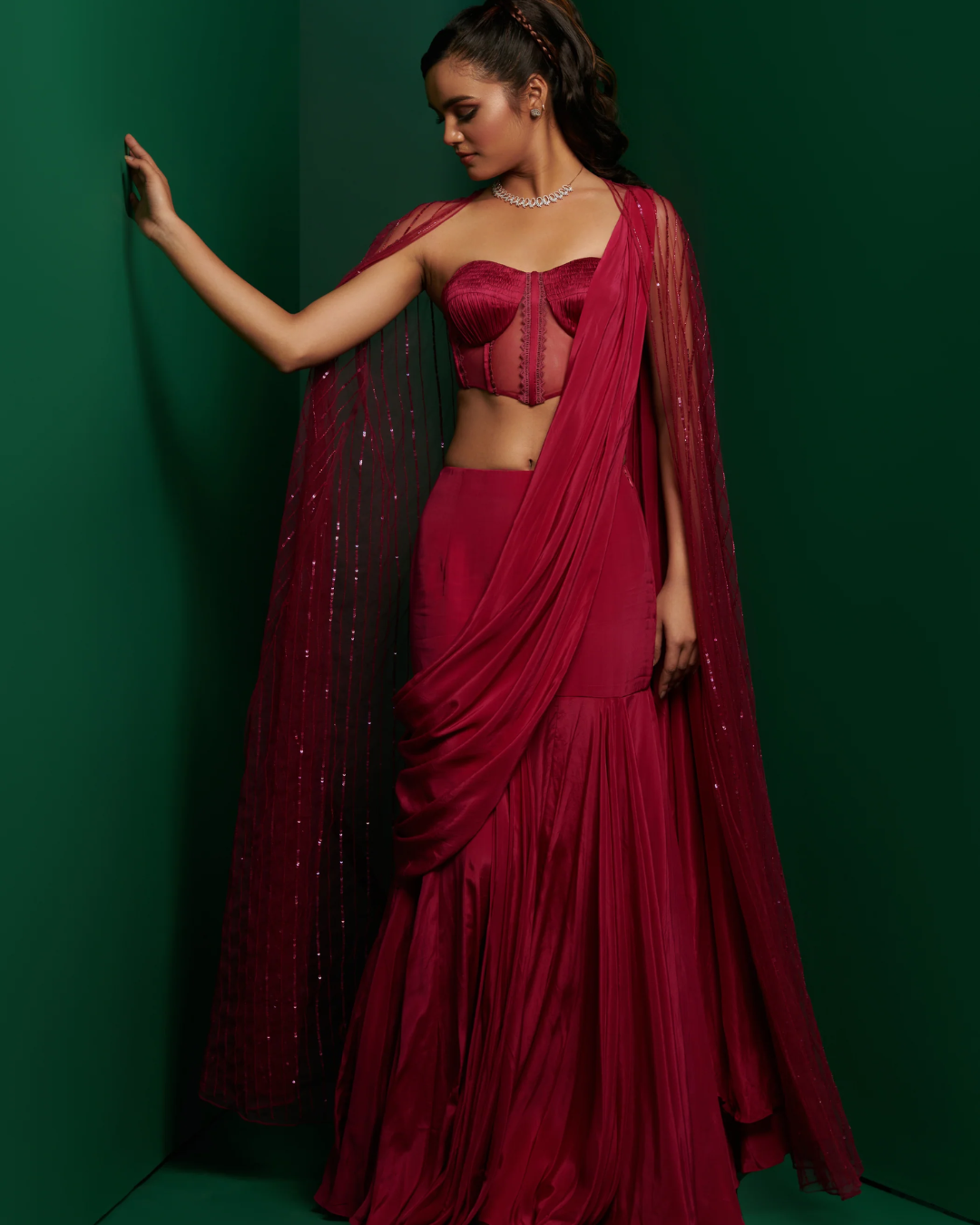 K&A by Karishma and Ashita - Fuchsia Pink corset with drape skirt and embellished cape From Barre Oblique