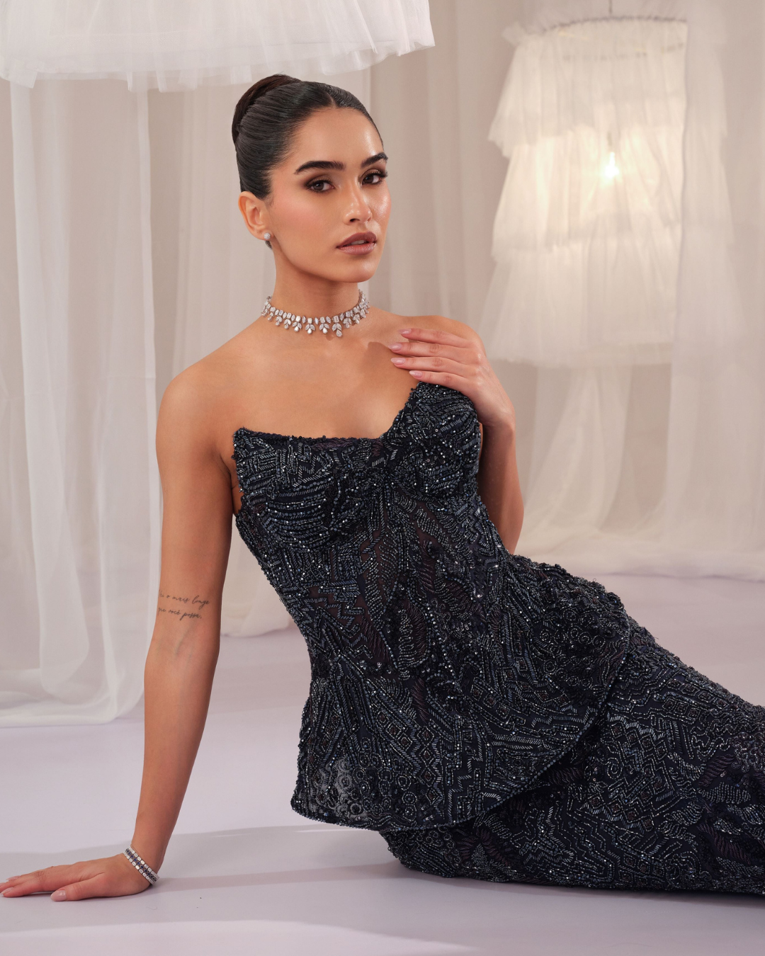 K&A By Karishma And Ashita - Midnight Blue Embellished Corset With Pencil Skirt From First Love