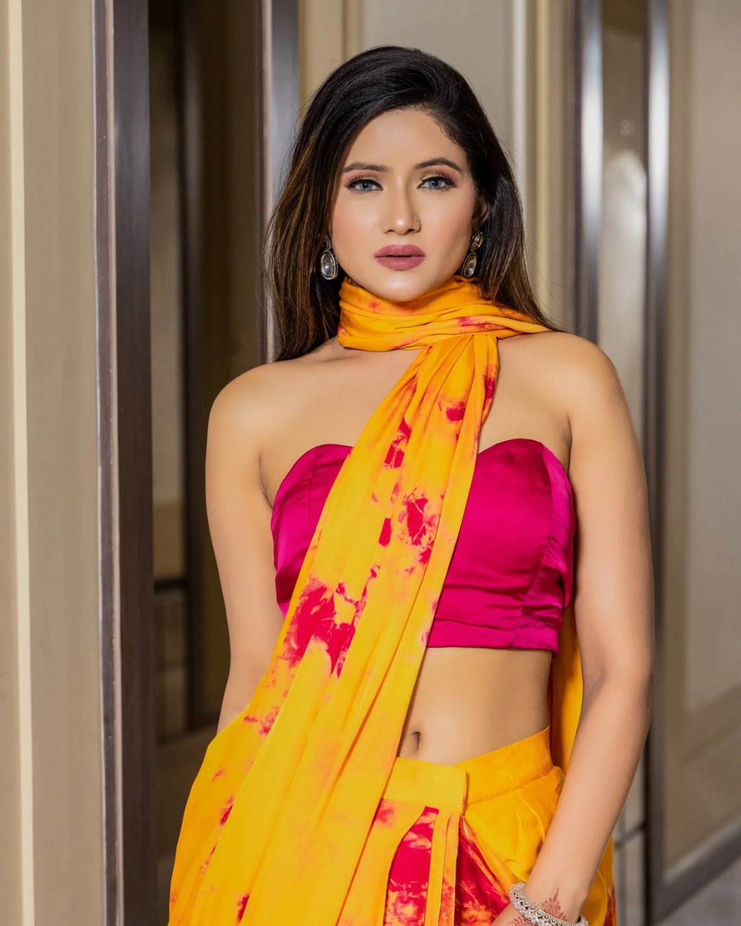 Sonali Bansal - Marie -Mustard yellow tie and dye saree with rani pink bustier From Phiroza