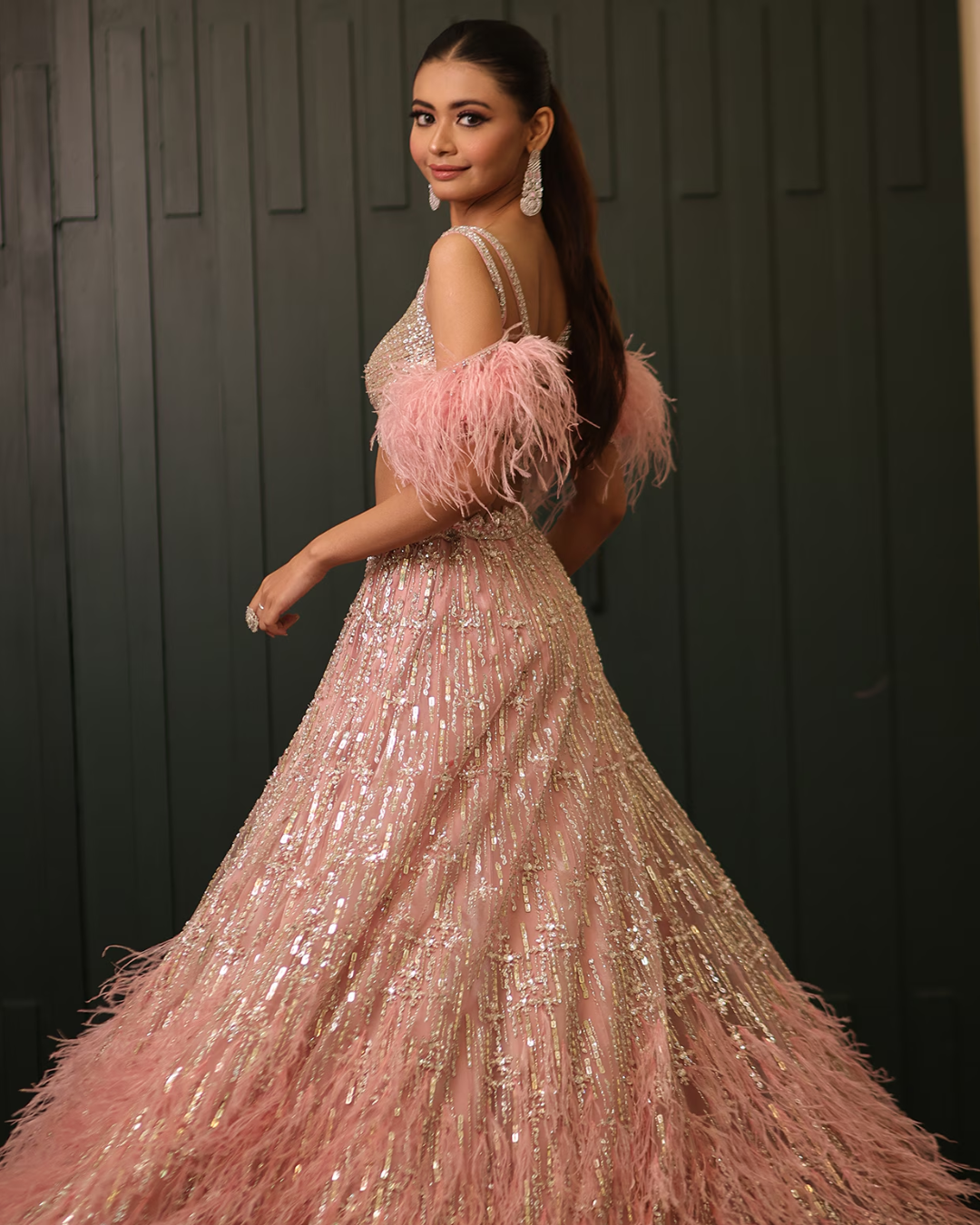Isa by Dolly Wahal - Pink Net Sequins & Cutdana Embroidered Lehenga Set