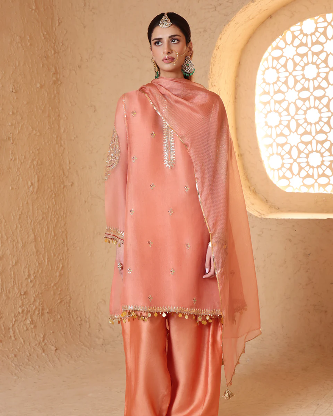 Niti Bothra - Mehrang Peach Short Pheran Kurta Set