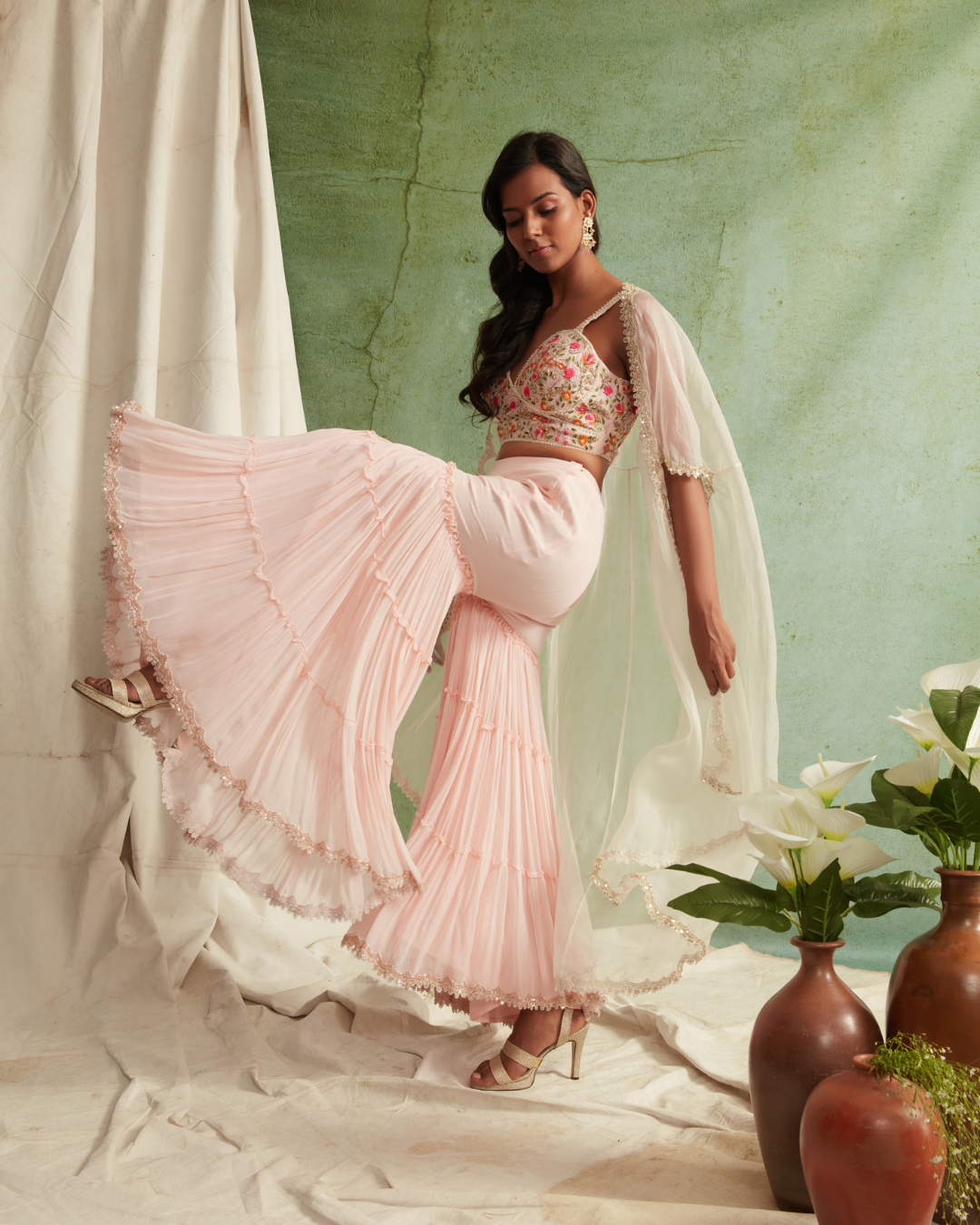 Priyanka Jain - Embroidered Bustier With 3 Tier Sharara And Cape From Love Of Tomorrow