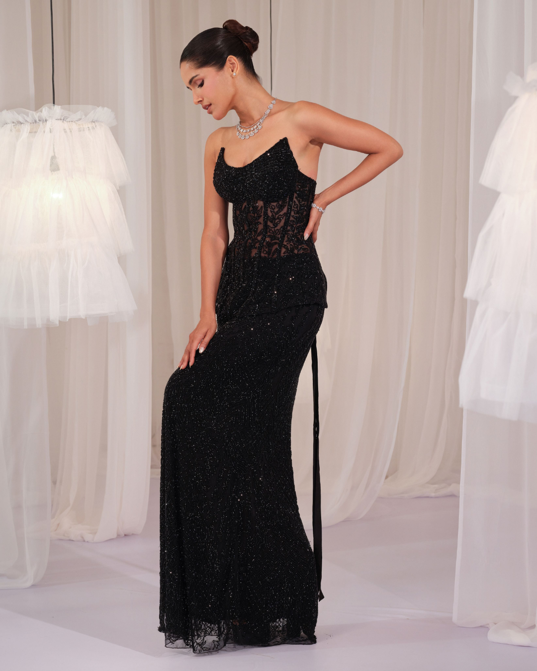 K&A By Karishma And Ashita - Black Embellished Corset With Pencil Skirt From First Love