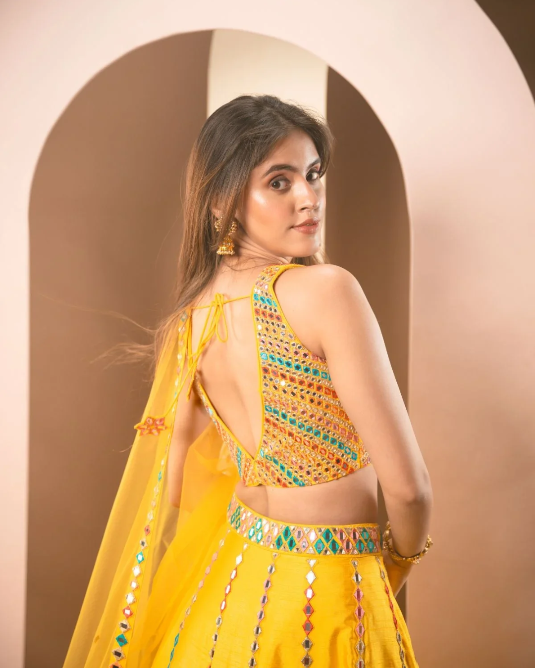 Anisha Shetty - Sunshine Yellow Multicolor Thread & Mirrorwork Lehenga Set From Rangin