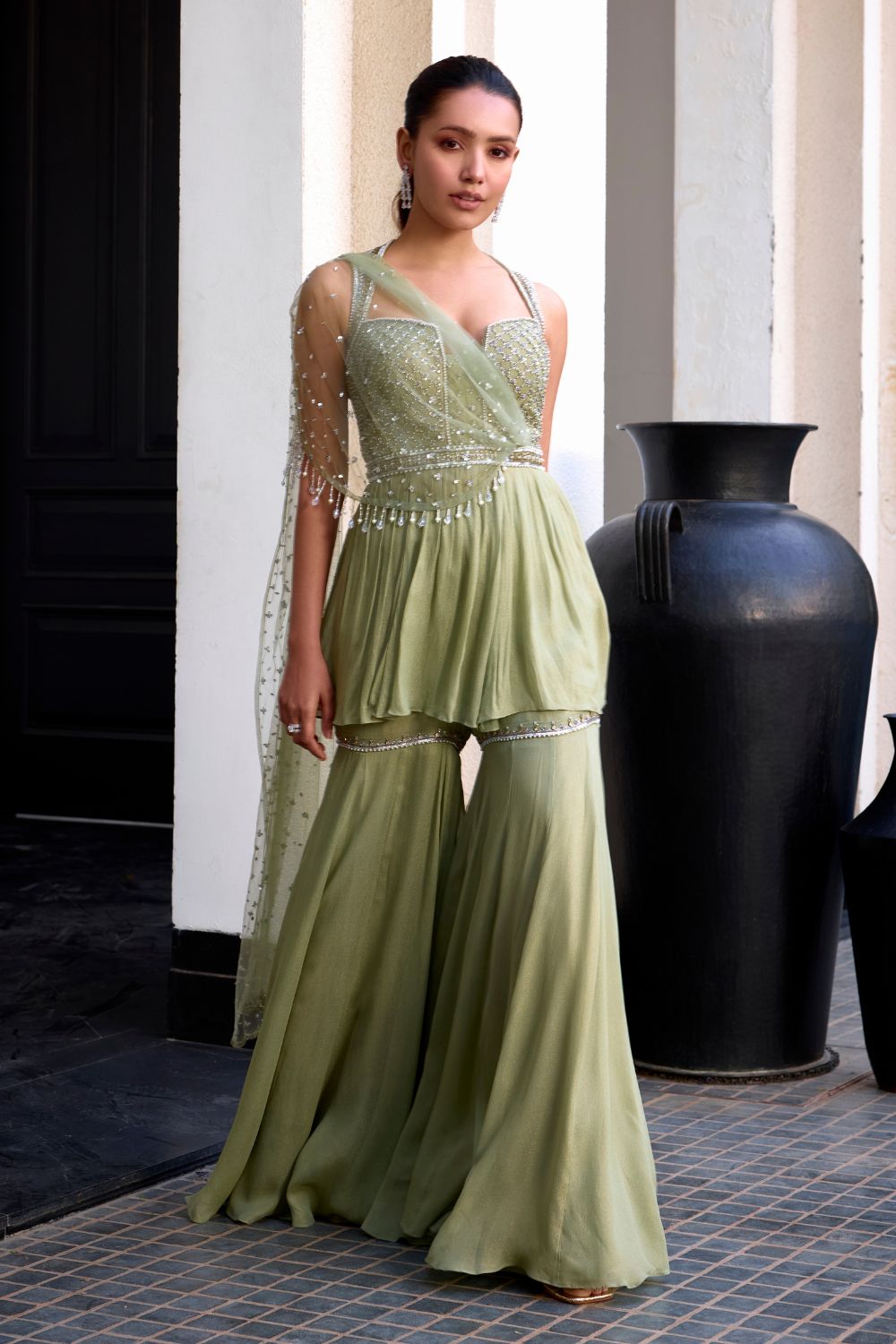 Sanya Gulati - Sage Green Peplum With Drape Set from Kia & Kyara