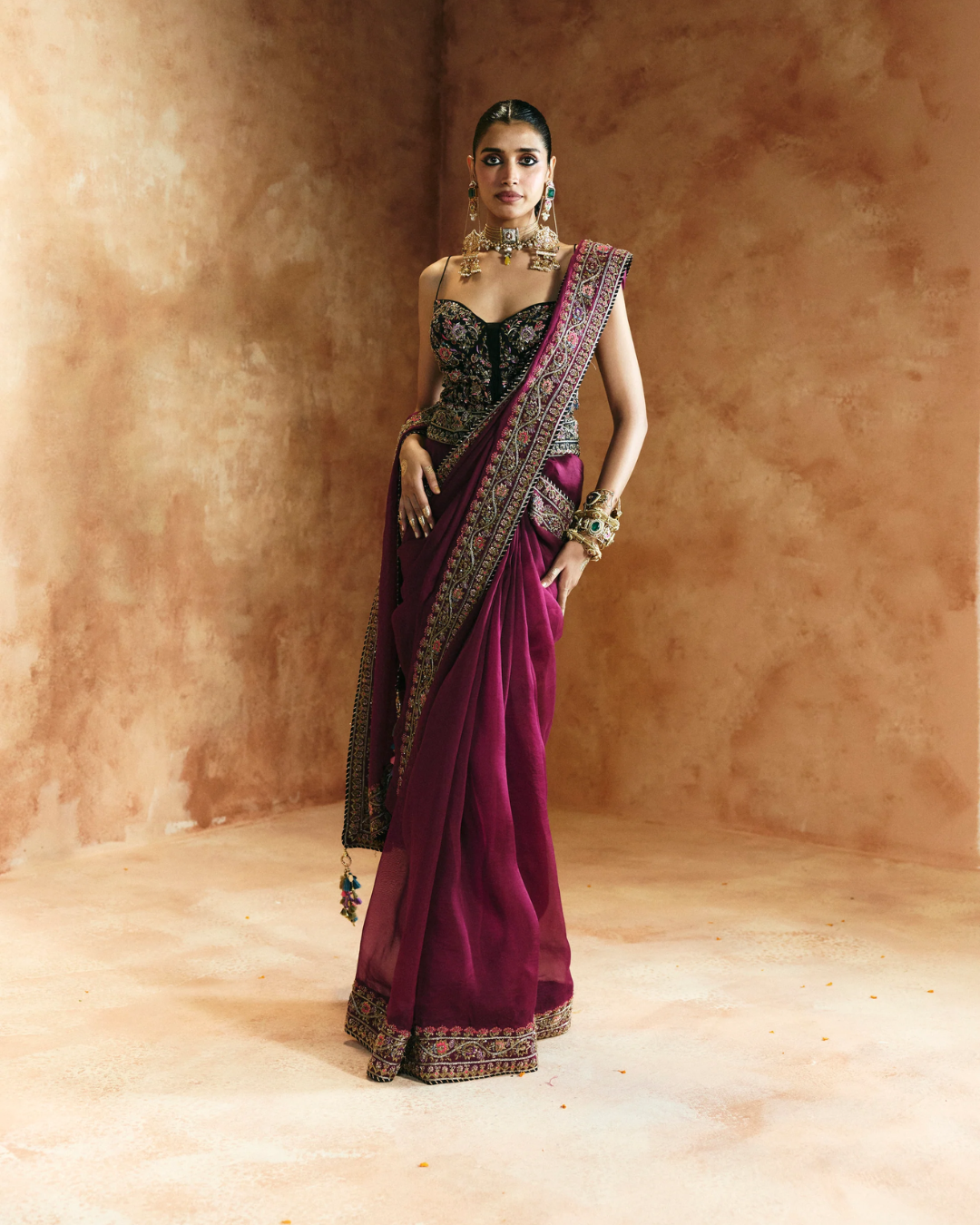 Aman Takyar - Black Multi-Colored Saree Set From Today's Sindh