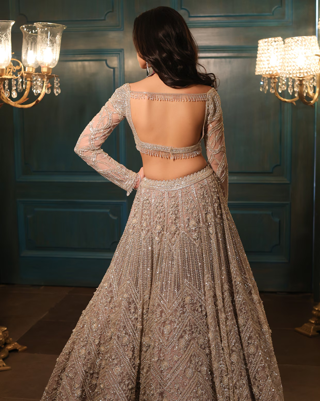 Isa by Dolly Wahal - Greyish-Beige Net Sequins Hand Embroidered Lehenga Set
