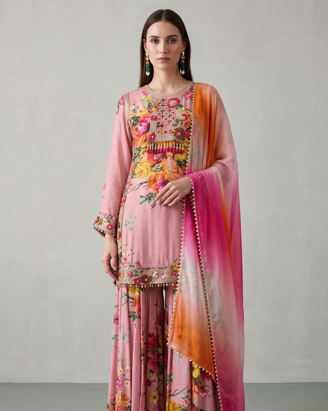 Basanti Kapde Aur Koffee - Pink Embroidered Floral Sharara Set From Suits & Shararas