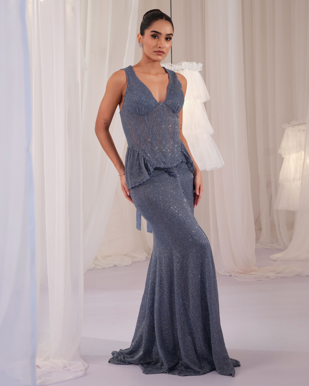 K&A By Karishma And Ashita - Frozen Blue Hand Embellished Corset With Skirt From First Love