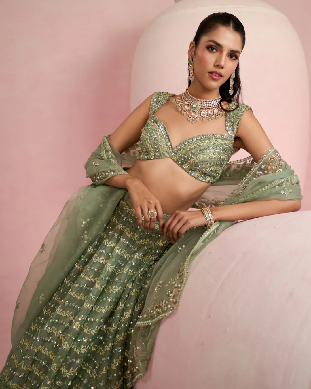 Prevasu - Sage Green Lehenga Set From Solene
