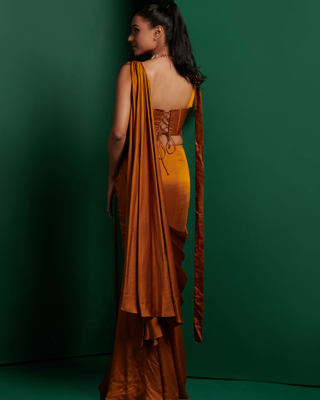 K&A by Karishma and Ashita - Mustard yellow corset and drape saree From Barre Oblique