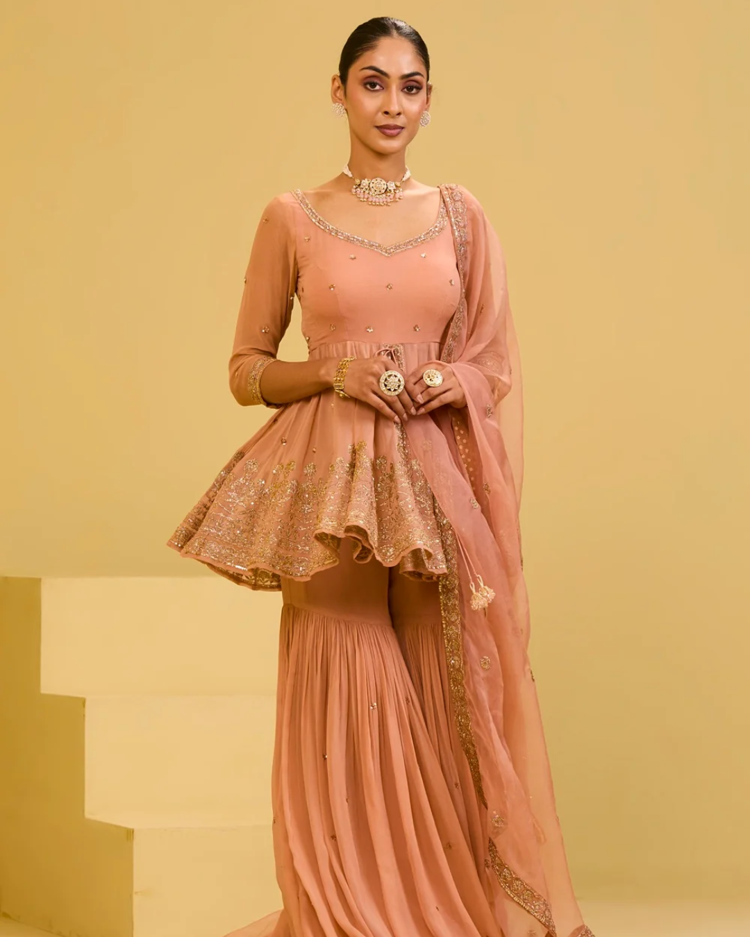 Esha Koul - Peach Front Cut Peplum Set From Naaz