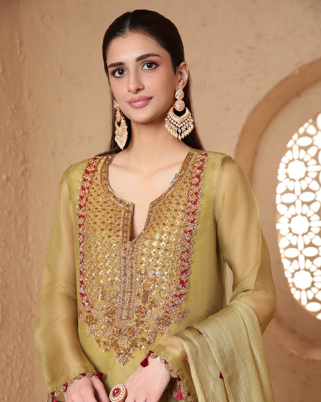 Niti Bothra - Mehrang Olive Green Heavy Neck Kurta Set