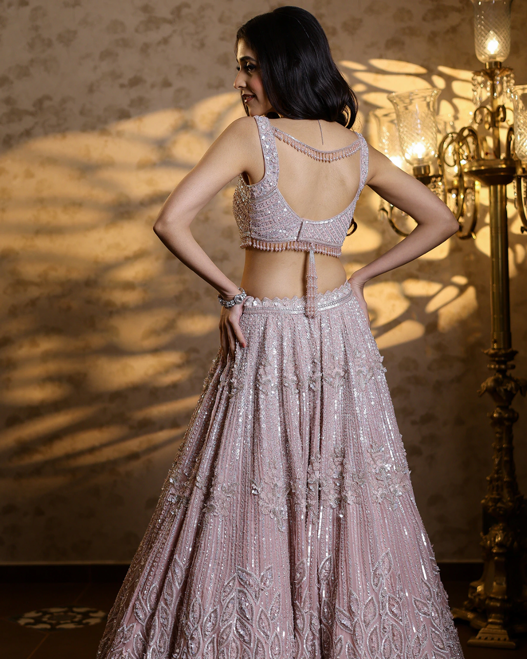 Isa by Dolly Wahal - Powder Pink Organza Silk Hand Embroidered Lehenga Set
