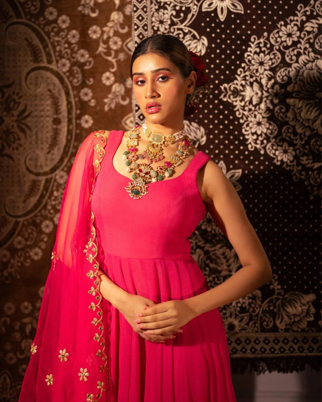 Anisha Shetty - Rasberry Pink Anarkali With Scallop Gota & Mirrorwork Dupatta From Rangin