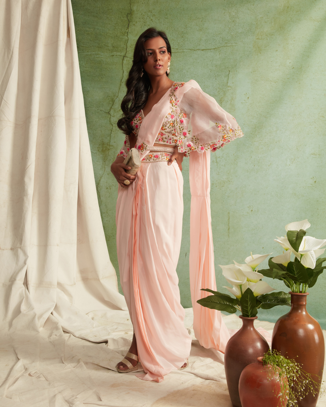 Priyanka Jain - Pre-Draped Saree With Embroidered Blouse, Cape And Belt From Love Of Tomorrow