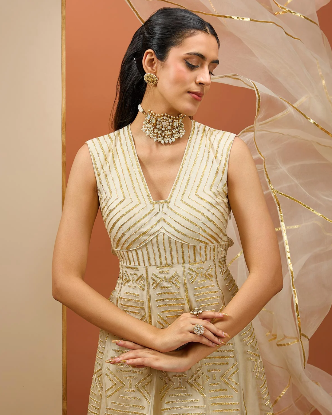 Esha Koul - Offwhite Golden Lasses Anarkali set From Noor
