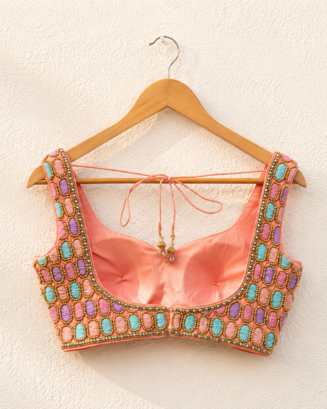 Anisha Shetty - Peach Stonework Lehenga Set With Multicolour Oval Cutdana Blouse Set