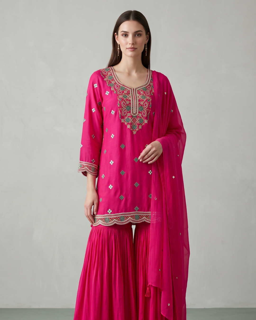 Basanti Kapde Aur Koffee - Rani-Pink Embroidered Sharara Set From Suits & Shararas