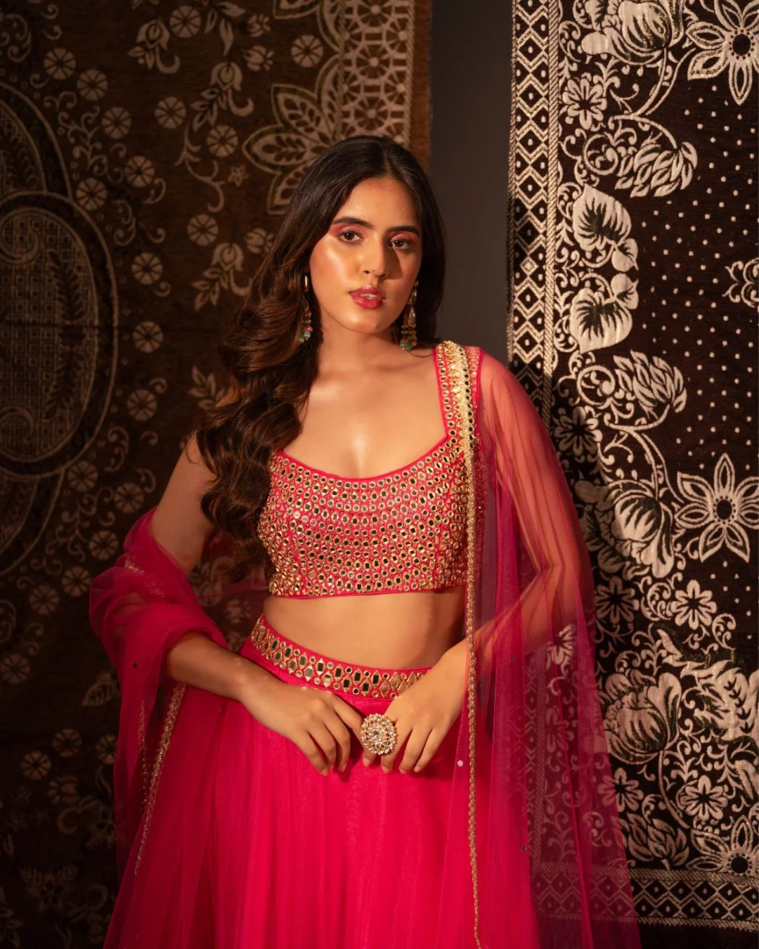 Anisha Shetty - Rasberry Pink Organza Lehenga Set From Rangin