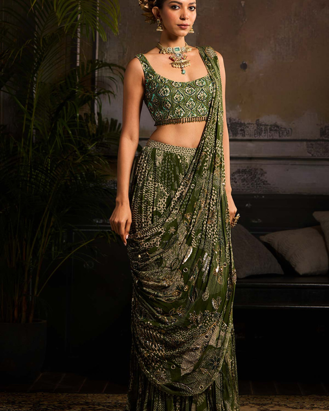 Diya Rajvvir - Sage Green Print and Highlighted Skirt Saree Set