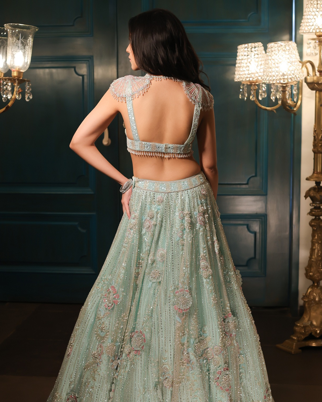 Isa by Dolly Wahal - Sea Green Net Hand Embroidered Lehenga Set