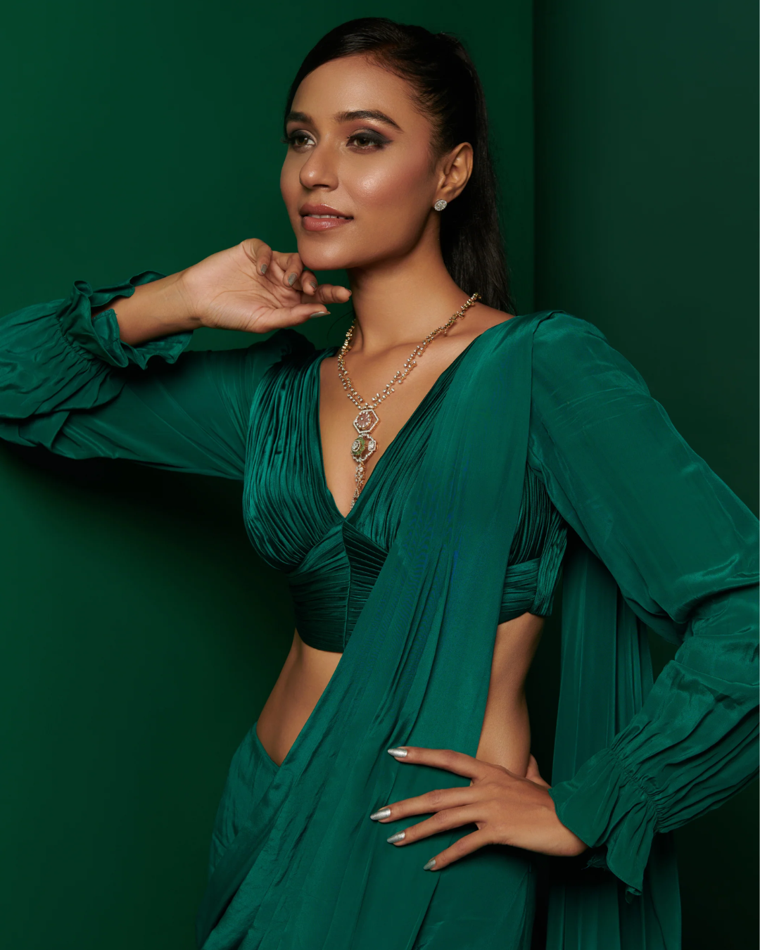K&A by Karishma and Ashita - Bottle green gathered blouse with skirt drape saree From Barre Oblique