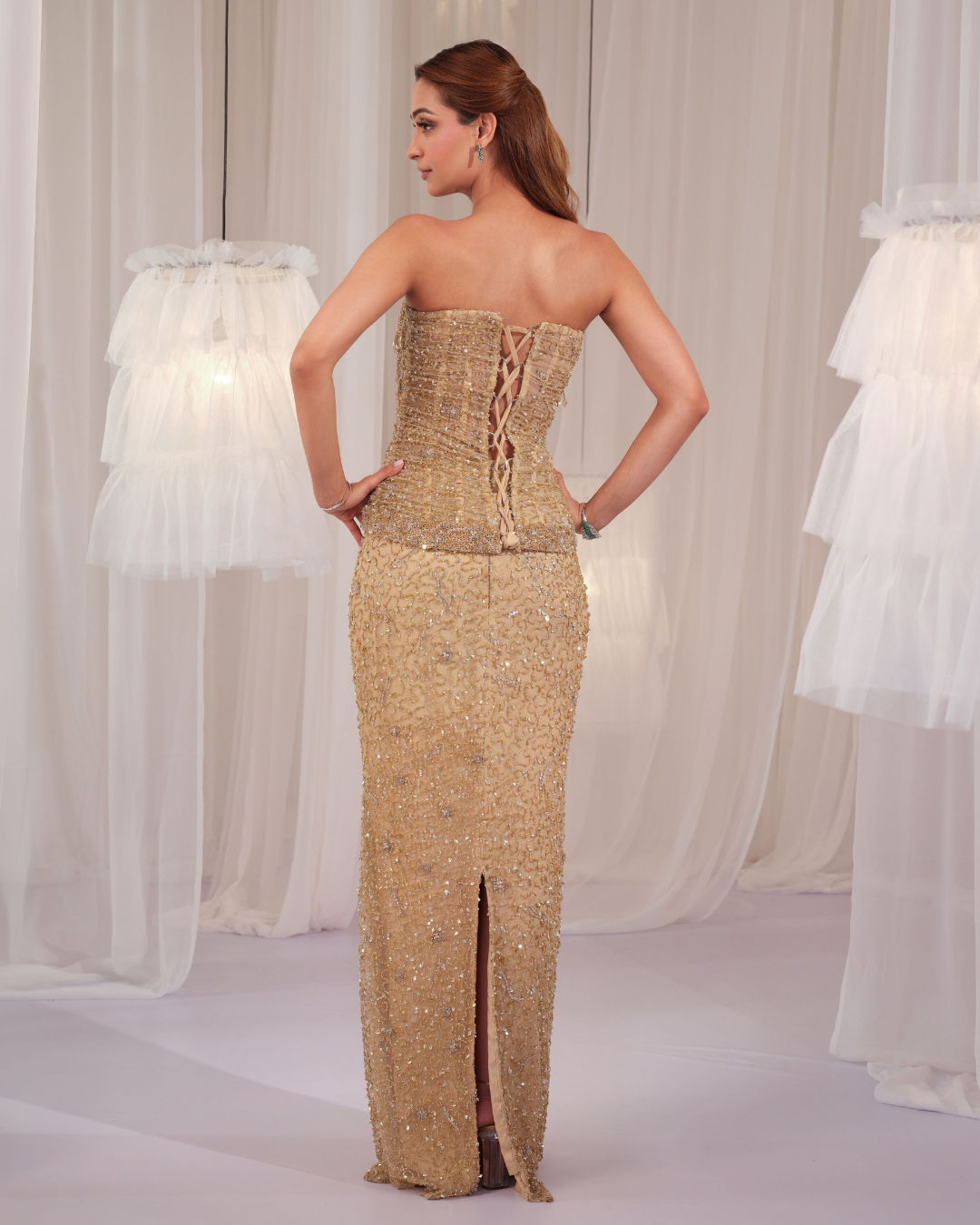 K&A By Karishma And Ashita - Golden Muse Hand Embellished Corset With Pencil Skirt From First Love