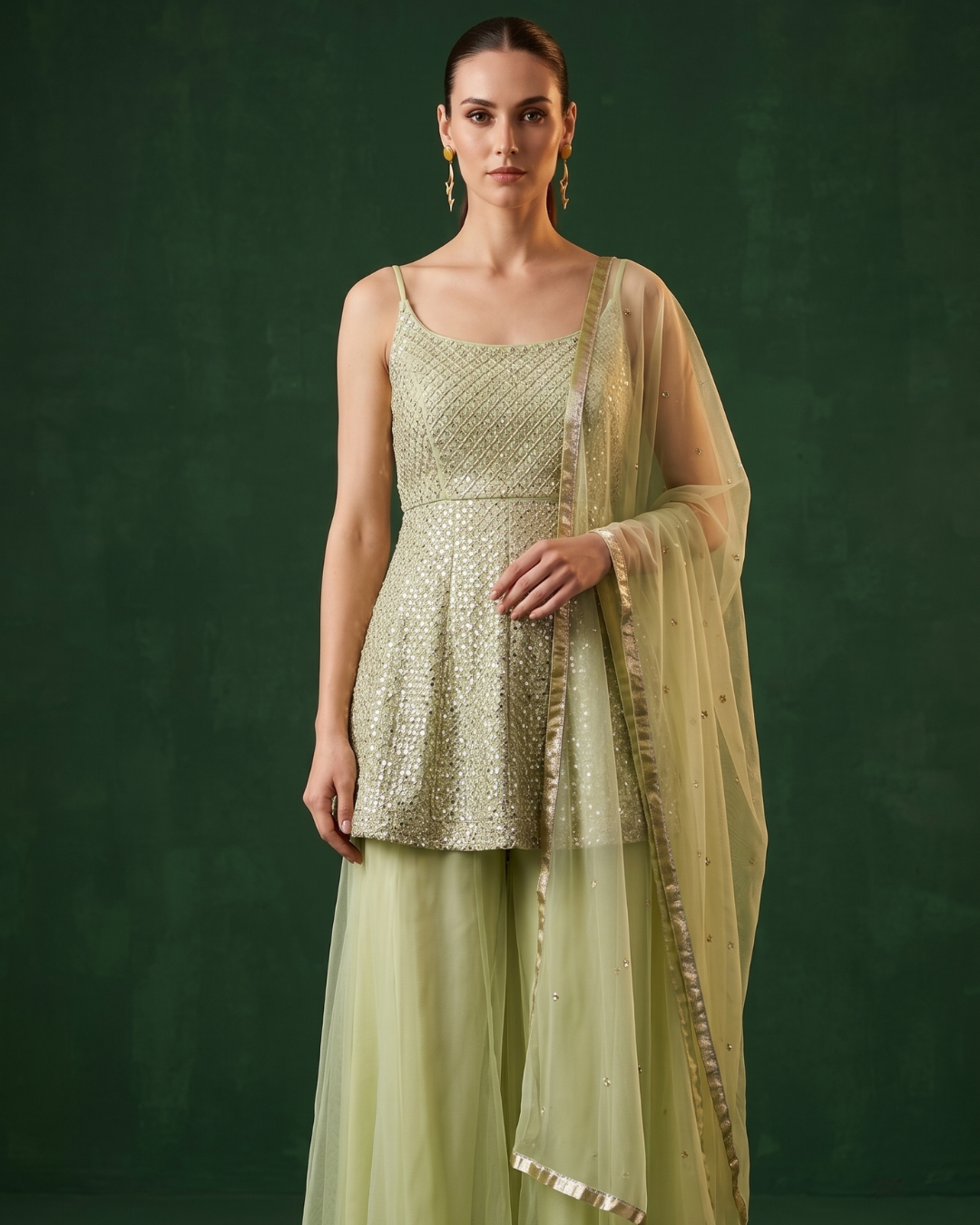 Basanti Kapde Aur Koffee - Mint Eclat Embroidered Sharara Set From Suits & Shararas
