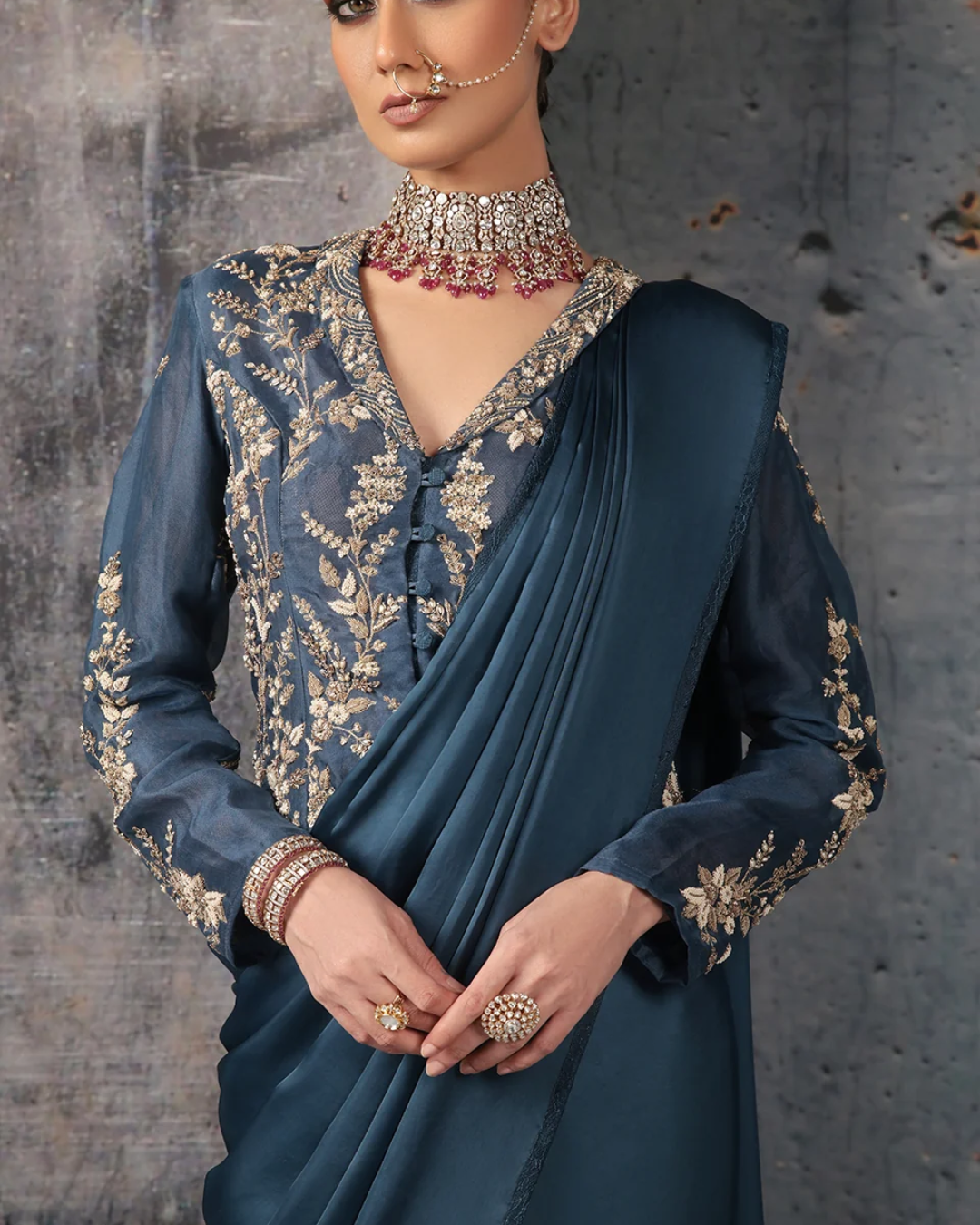 Niti Bothra - Zar-Rang Blue Jacket Saree Set