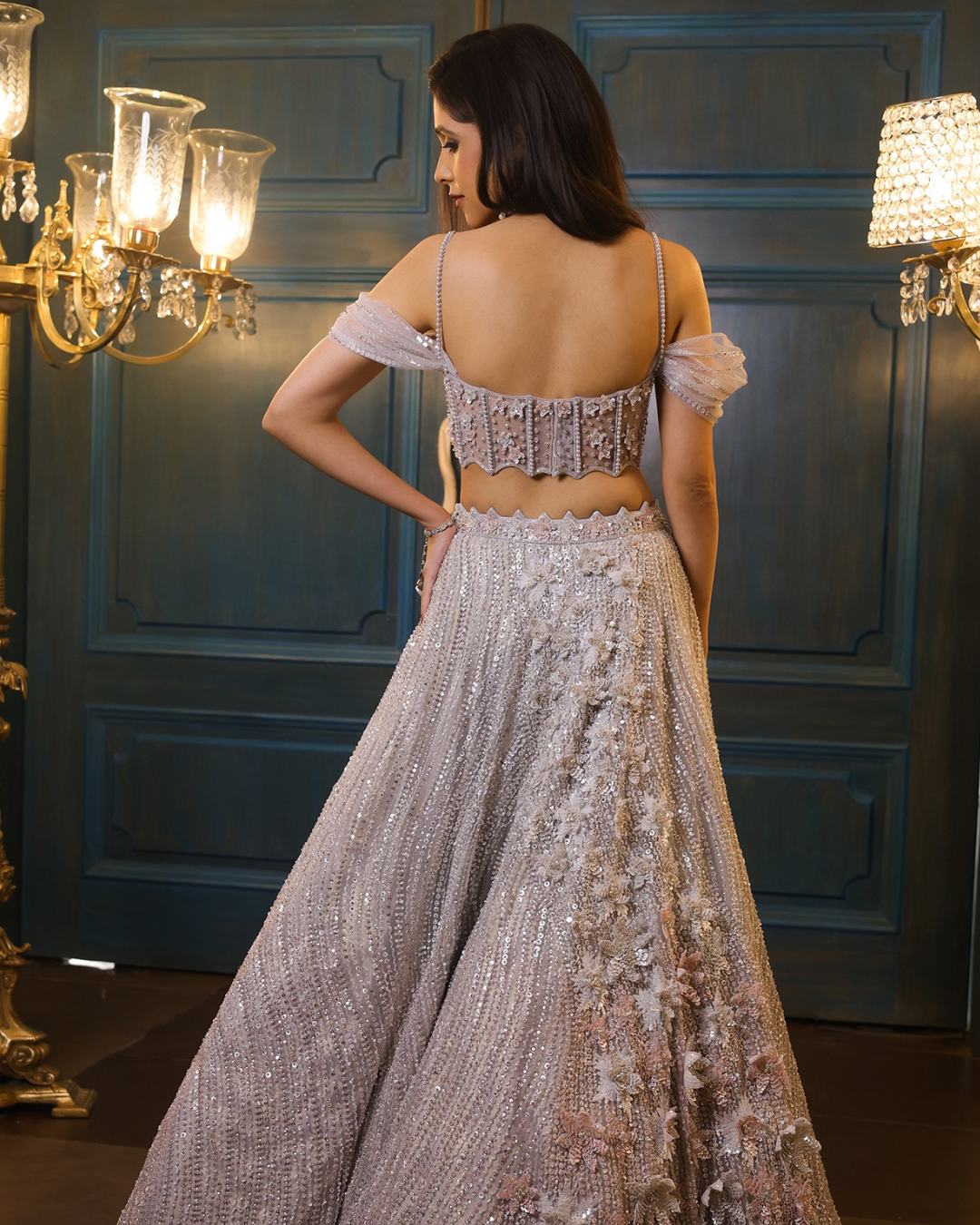 Isa by Dolly Wahal - Powder Blue Net 3D Floral Embroidered Lehenga Set