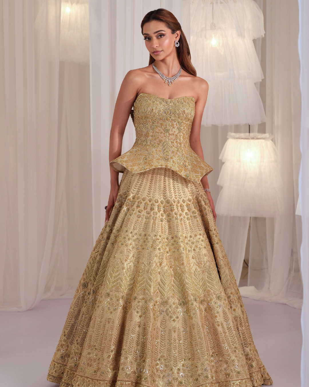 K&A By Karishma And Ashita - Gold Hand Embellished Sculpted Corset With Raw Silk Lehenga & Dupatta From First Love
