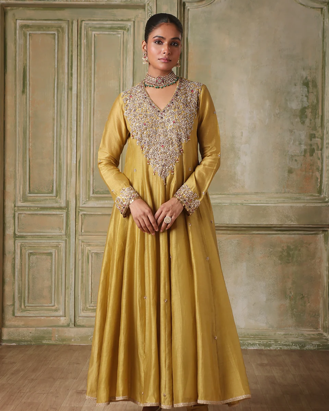 Niti Bothra - Zar-Rang Green V Neck Kalidar Set