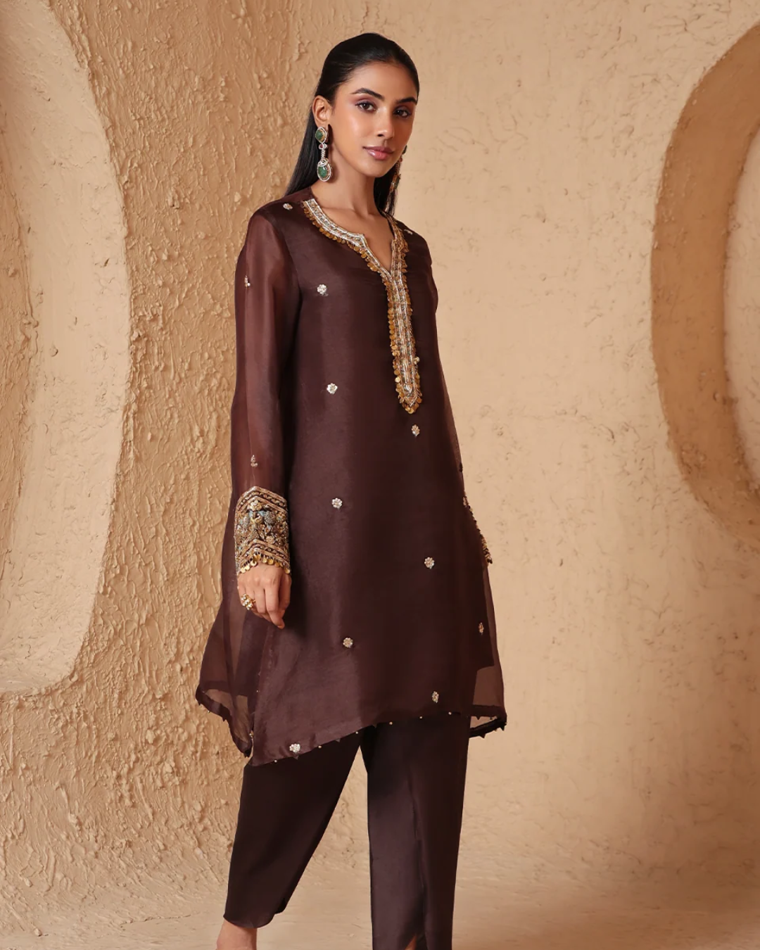 Niti Bothra - Zar-Rang Brown Short Kurta Set